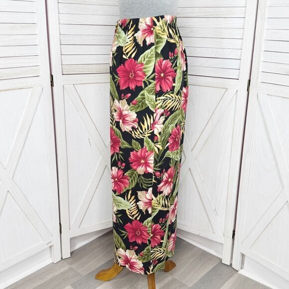 Haggar Vintage Linen Tropical Flower Print Button Front Maxi Skirt Black Pink 8 - Picture 2 of 11